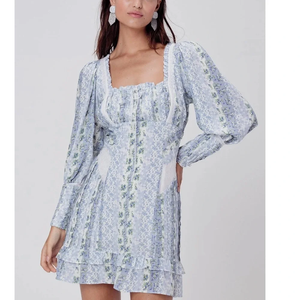 For Love & Lemons Blue Floral Puff-Sleeve Mini Dress - Picture 2 of 8
